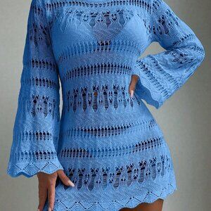Blue Boho Womens Beach Hollow Out Scallop Trim Cover Up Dress Without Bikini Set